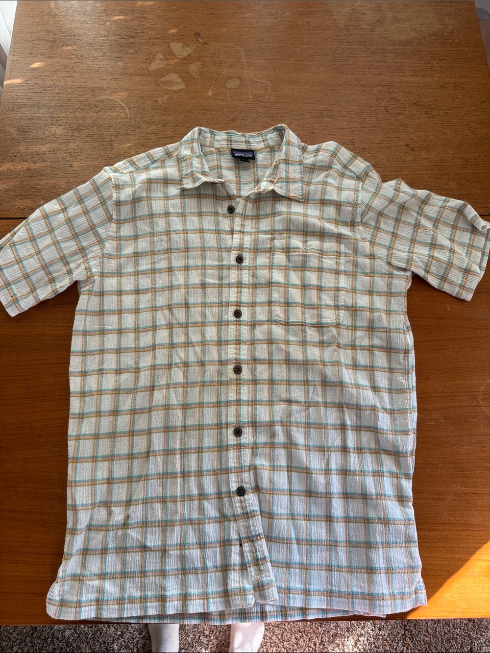 Patagonia Light Blue and Tan Plaid Short-Sleeve Button-Down Shirt